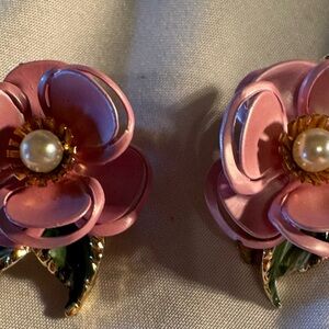 Pink and Green Floral Pearl Enamel clip Earrings